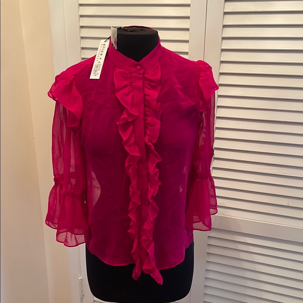 Alice + Olivia raspberry Sheer Fitted Ruffled Blouse with Bell Sleeves silk M